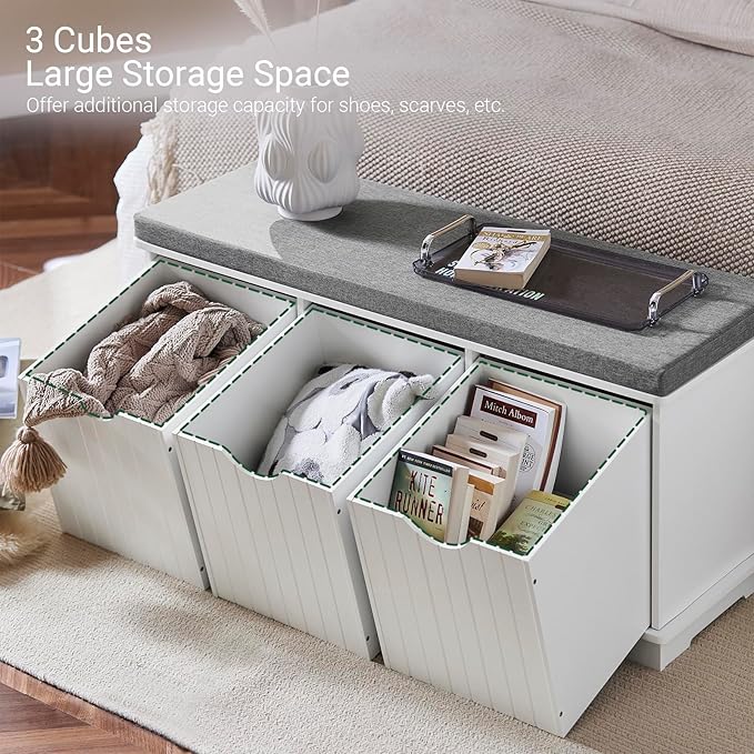 Haotian White Storage Bench with Drawers & Padded Seat Cushion, Hallway Shoe Cabinet Shoe Bench, FSR30-W