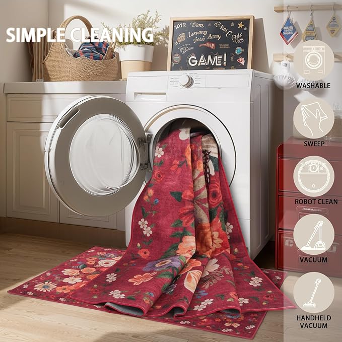 Rug for Hallways Kitchen Rug 2x8, Non Slip Washable Rugs with Rubber Backing Soft Floral Carpet Runner for Hallways, Kitchen, Laundry, Bedroom, Bathroom(2 x 8, Red Garden)