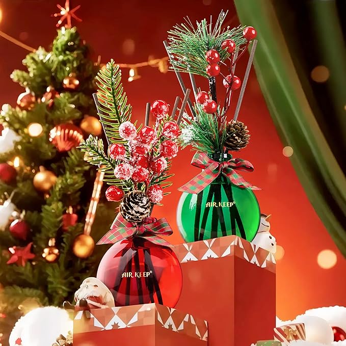 Airkeep Christmas Reed Diffusers Set, 5.07 oz Christmas Balsam & Cedar Scented Diffuser with 8 Sticks,Long Lasting Home Fragrance for Long Days, Perfect for Bathroom, Shelf Decor, Air Fresheners