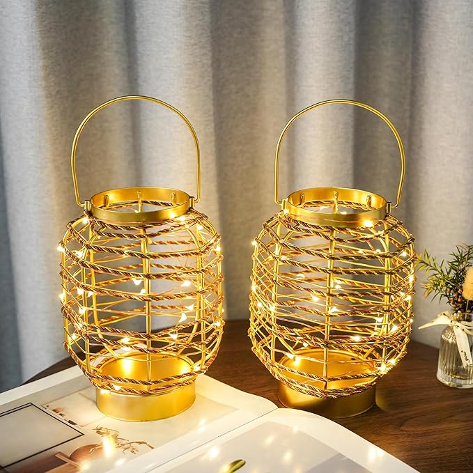 Set of 2 Battery Operated Table Lamp 7.7 "H Metal Cage LED Cordless Lamp with 6-Hour Timer, Vintage Decorative Fairy Lights Lantern for Indoor/Outdoor Bedrooms Weddings Parties Patio Events