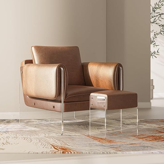 Leather Vanity Stool Chair, Modern Ottoman and Foot Rest with Leather and Acrylic Leg for Makeup Room, Living Room, Bedroom, Brown