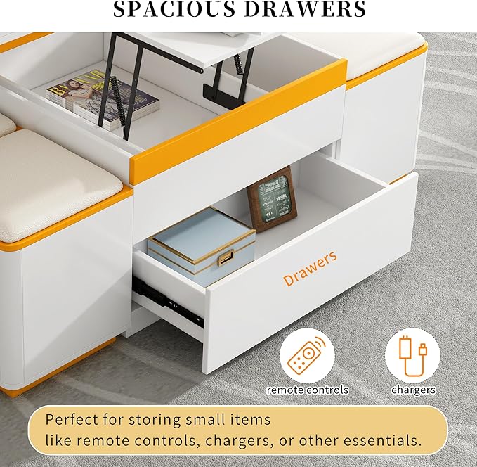 Lift Top Coffee Table with 4 Storage Stools and Foldable Top, Modern 47.2'' Rectangular Multi-Functional Adjustable Dining Table Task Table with Hidden Compartment for Living Room, White