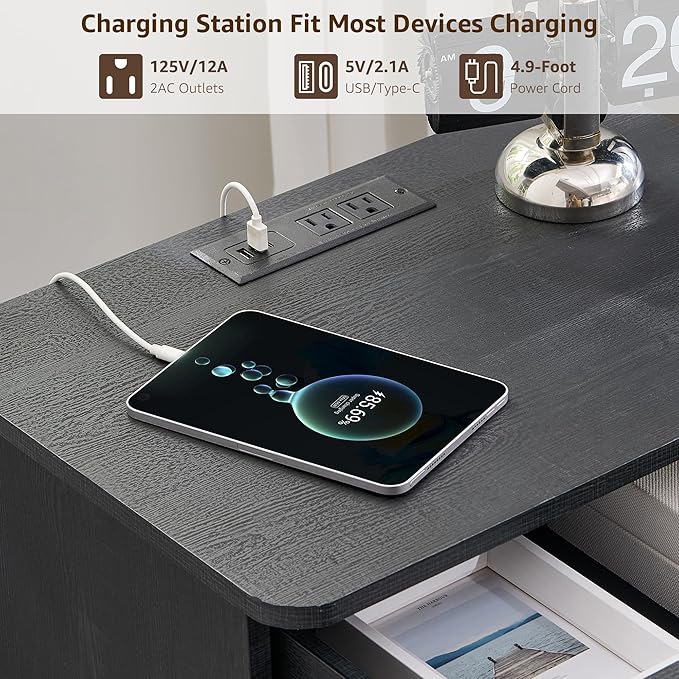 ACCOHOHO Modern Nightstand with Charger Station, 22" Wide Night Stand with Storage Drawer & Open Shelf, Large Bedside Table for Bedroom, Wood End Table, Curved Profile, Black