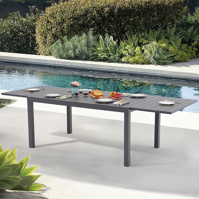 Soleil Jardin Aluminum Patio Extendable Dining Table, 63" - 105", Adjustable Indoor Outdoor Furniture Rectangle Table for 6-10 Person Porch Deck Garden, Dark-Grey