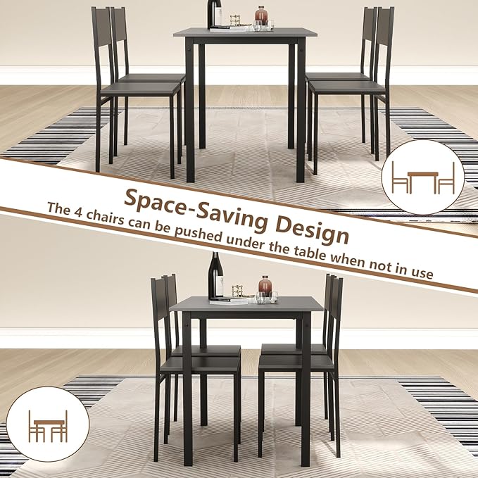 GOFLAME 5-Piece Dining Table Set, Industrial Kitchen Table and Chairs for 4 with Backrest and Metal Frame, Rectangular Space-Saving Dinette Set for Dining Room, Apartment, Small Space, Grey