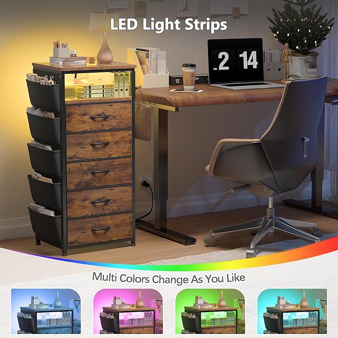 EnHomee Tall Night Stand with 5 Drawers, LED Nightstand with Ports & Outlets, Bedside Table with Extra Side Bag & Storage Shelf & Hooks, Bedroom, Dorm, Closet