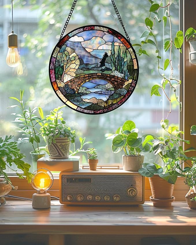 Stained Glass Window Hanging, Blue Landscape Arch Bridge Sun Catcher for Door Home Decor Suncatcher Christmas Mother's Day Birthday Gifts for Women Men Mom and Nana 7.8 in