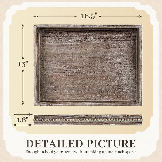 Wooden Decorative Tray, Rectangular Serving Tray with Wood Bead, Farmhouse Big Tray for Ottoman, Countertop, Coffee Tabl, 16.5" x 13"x 1.6" (Retro Brown)