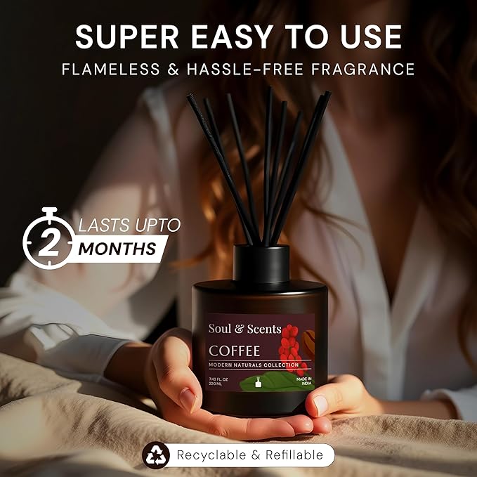 Soul & Scents Reed Diffuser Set – Coffee | 7.43 oz Refillable Scented Oil with 6 Fiber Sticks | Long-Lasting Home Fragrance & Air Freshener for Bedroom, Bathroom, Office | Gift & Décor Piece