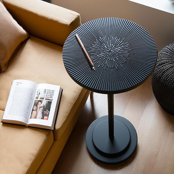 Drink Table, Carved Table Top Martini Table, Small Side Table, Weighted Base Pedestal Table for Living Room, Bedroom, Modern, Black, 1-Pack