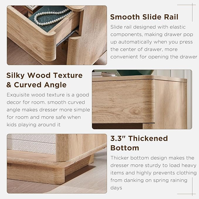 ACCOHOHO Modern Nightstand with Charger Station, 22" Wide Night Stand with Storage Drawer & Open Shelf, Large Bedside Table for Bedroom, Wood End Table, Curved Profile, Natural Oak