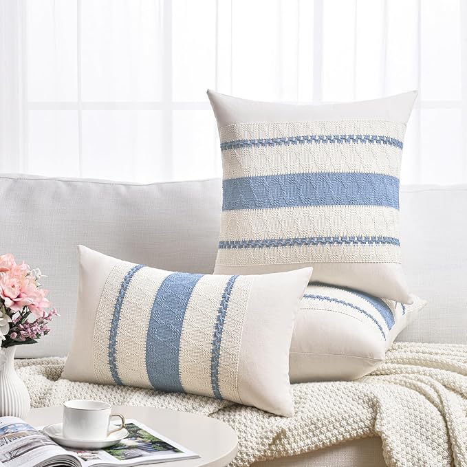 Fancy Homi Set of 2 Boho Light Blue Decorative Throw Pillow Cover 18x18 Inch for Couch Bed Sofa, Aesthetic Modern Organic Farmhouse Home Decor, Soft Cotton Cute Accent Macrame Woven Cushion Case