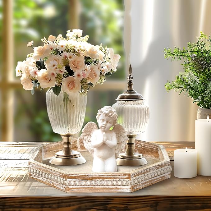 Wooden Decorative Tray, Small Serving Tray with Wood Bead, Farmhouse Big Tray for Ottoman, Countertop, Coffee Tabl, 13" x 13"x 1.6" (White Washed)