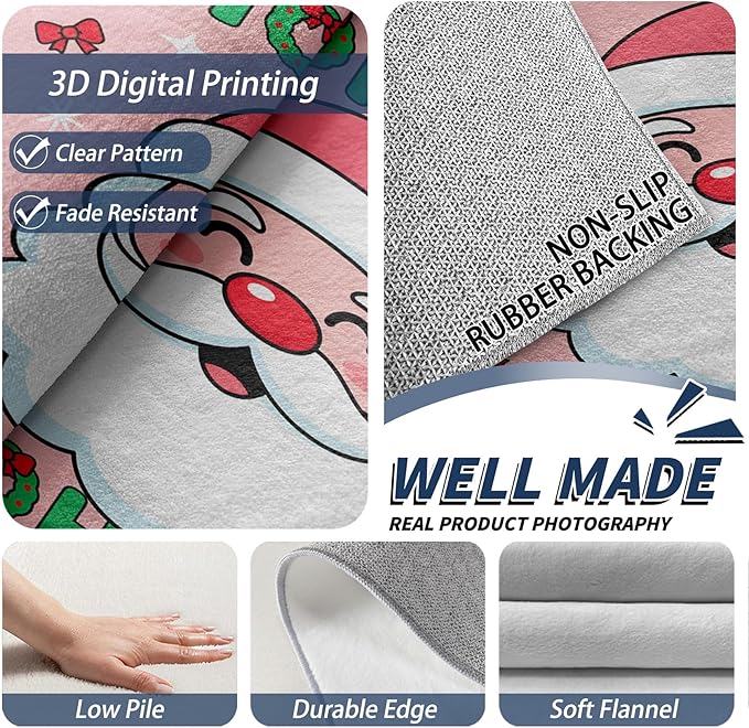 Santa Claus Rug - 2x3 Rug, Hohoho Door Mat Indoor Entrance, Santa Claus Entryway Throw Rugs, Pink Christmas Carpet, Cartoon Xmas Kids Girls Boys Home Decor & Gifts