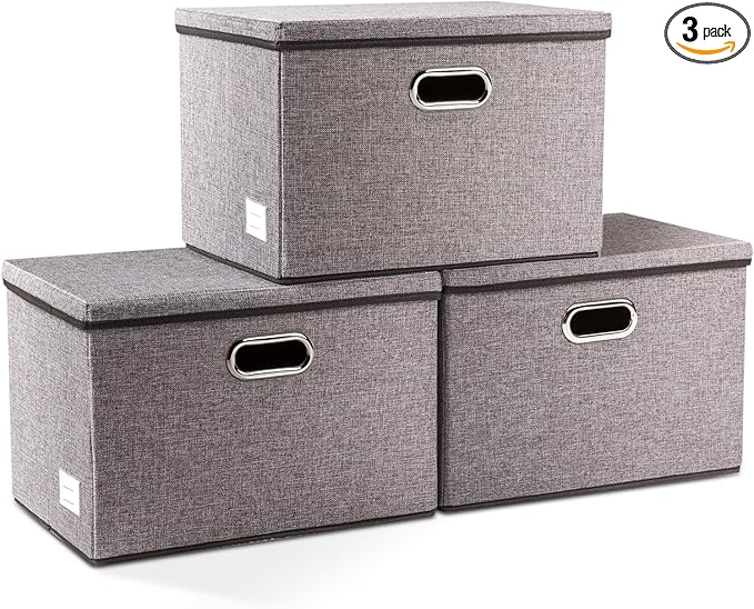 PRANDOM Large Collapsible Storage Bins with Lids [3-Pack] Linen/Cotton Blend Foldable Storage Boxes Organizer Containers Baskets Cube with Cover for Home Bedroom Closet Office Nursery(17.7x11.8x11.8)