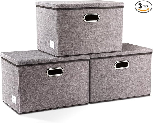 PRANDOM Large Collapsible Storage Bins with Lids [3-Pack] Linen/Cotton Blend Foldable Storage Boxes Organizer Containers Baskets Cube with Cover for Home Bedroom Closet Office Nursery(17.7x11.8x11.8)