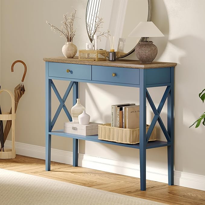 ChooChoo 47.24" Console Table with Drawers, Narrow Wood Accent Sofa Table Entryway Table with Storage Shelf for Entryway, Front Hall, Hallway, Living Room, Blue