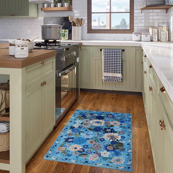 Floral Rug for Entryway, 2X3 Washable Kitchen Mat Ultra-Thin Soft, Non-Slip Indoor Door Carpet Stain Resistant Boho Small Low-Pile Throw for Bathroom Bedroom (Blue Garden, 2 x 3)