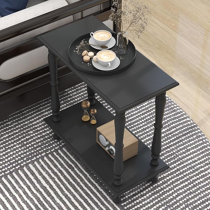 TaoHFE Narrow End Table - 2-Tier European Style Vintage Side Table for Living Room, Bedroom, Small Spaces - Black Wooden Retro Bedside Table