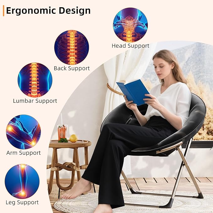 GarveeHome Comfy Oversized Saucer Chair – Soft Plush Fabric Reading Lounger for Adults, Stable X-Large Metal Frame Foldable Accent Lazy Chair for Bedroom, Living Room, Dorm, Office, Black