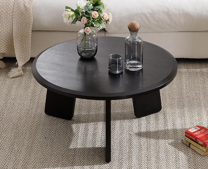 chairus 32 Inches Round Coffee Table Wooden Side Table Cute Circle End Table for Living Room, Home Decor, Balcony, Black