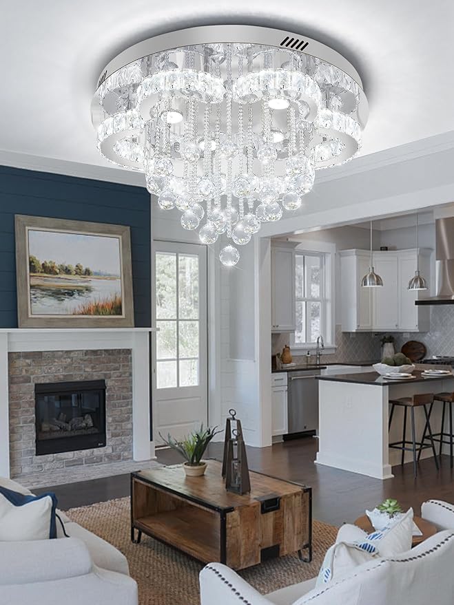 Flashing God W24inches Modern Chandelier for Dining Room Raindrop Crystal Chandelier Luxury Flush Mount Ceiling Light Fixture Ceiling Lamp for Hallway Bedroom Living Room Kitchen