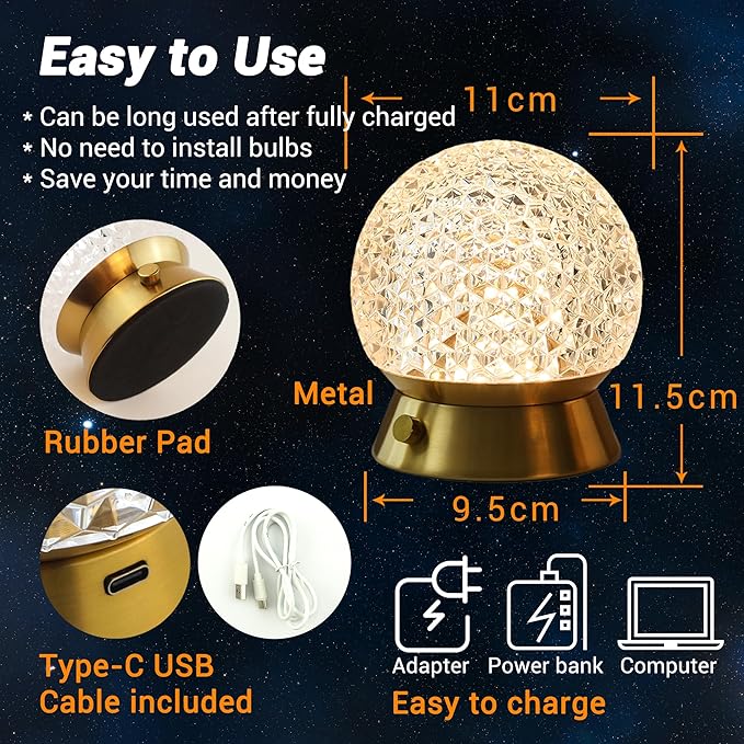 Cordless Table Lamp, Rechargeable Battery Operated Lamp, 3 Color Modes & Stepless Dimmable LED Touch Lamps, Portable Crystal Gold Metal Small Decorative Cute Light for Kids Room, Bedroom