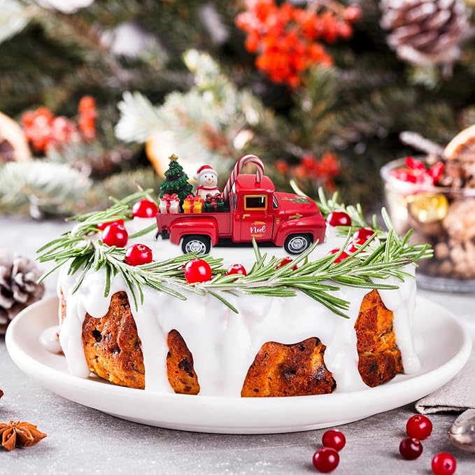Christmas Red Truck Decor 5 Inch Vintage Farmhouse Metal Truck with Mini Christmas Village Accessories Rustic Xmas Tiered Tray Decor Winter Holiday Tabletop Decorations Xmas Party New Year Gifts