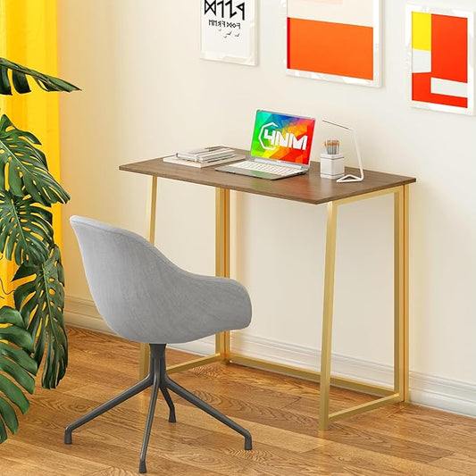 4NM 31.5" Small Folding Desk, Foldable Computer Home Office Desk, Study Writing Table for Small Space Saving Bedroom, Easy Assembly - Brown and Golden