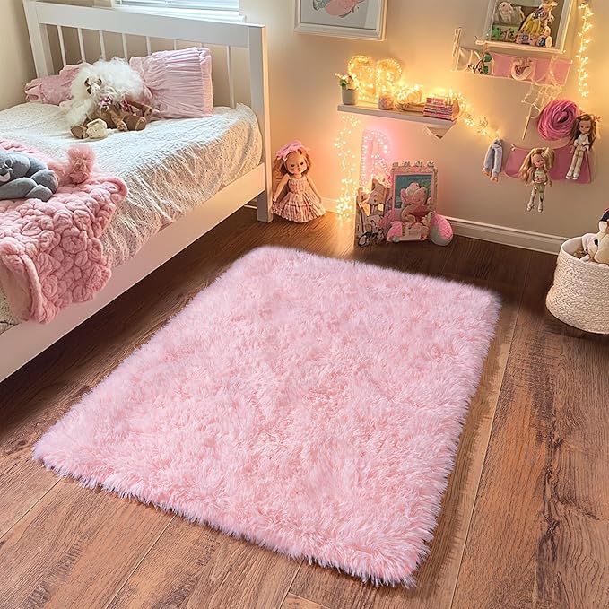 Small Area Rug, 2x3 Pink Rug for Bedroom Shaggy Throw Rugs for Girls Room, Soft Carpet for Kids Room, Plush Non-Slip Fluffy Bedside Rug for Living Room Nursery Dorm Home Decor