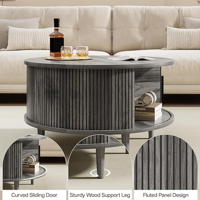 Mid Century Round Coffee Table, Fluted Center Table with Sliding Door, Modern Dining Table with Storage for Home Living Room Office, 31.5", Gray