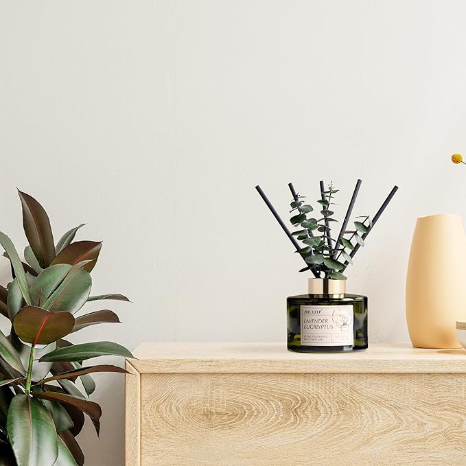 Airkeep Reed Diffuser Set with 6.76 fl oz Lavender Eucalyptus Scent Essential Oils and 3 Leaves & 8 Diffuser Sticks,Bathroom Shelf Decor & Air Freshener, House Bedroom Office Decor & Gifts