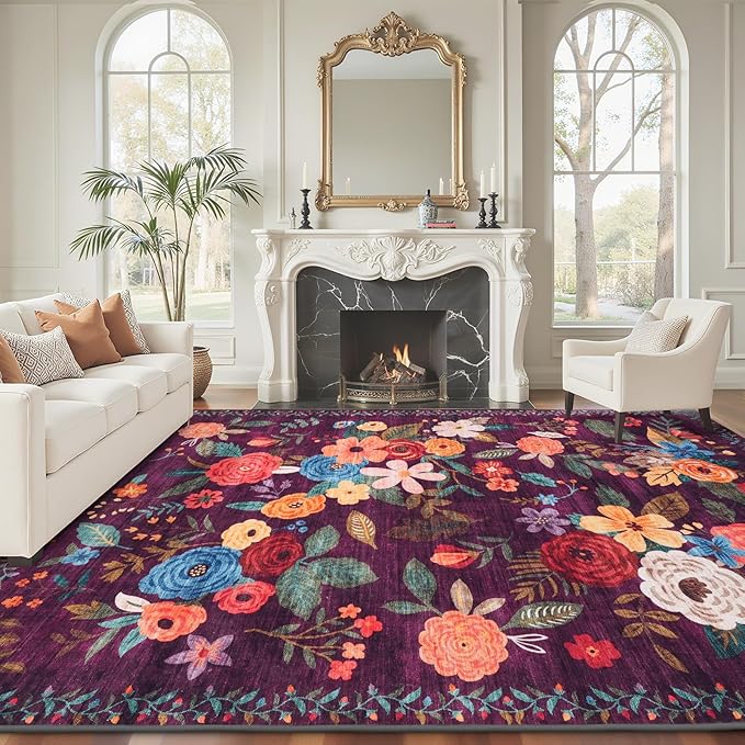 Living Room Rugs, Area Rugs 5x8 Rug for Bedroom Ultra-Thin Soft, Non-Slip Washable Rugs Stain Resistant Boho Rug Low-Pile Throw Rug for ‎Dining Room Office (5 x 8, Purple Lawn)