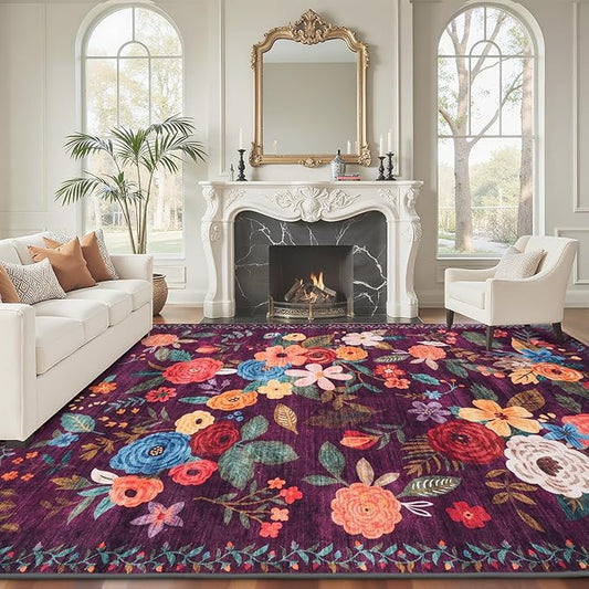 Living Room Rugs, Area Rugs 5x8 Rug for Bedroom Ultra-Thin Soft, Non-Slip Washable Rugs Stain Resistant Boho Rug Low-Pile Throw Rug for ‎Dining Room Office (5 x 8, Purple Lawn)