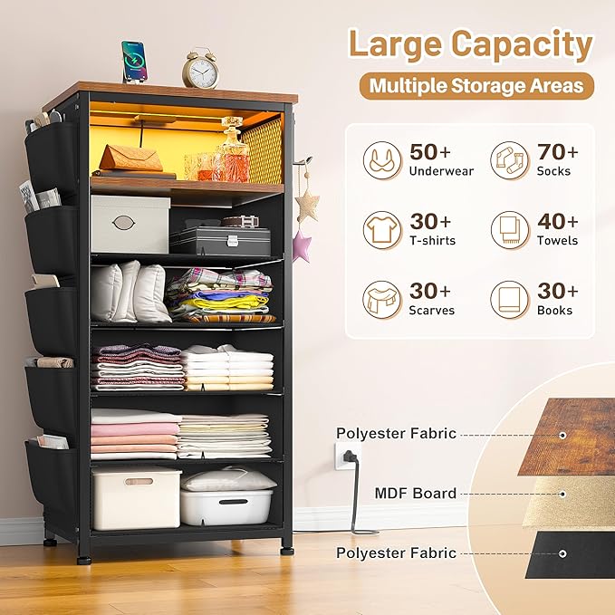 EnHomee Tall Night Stand with 5 Drawers, LED Nightstand with Ports & Outlets, Bedside Table with Extra Side Bag & Storage Shelf & Hooks, Bedroom, Dorm, Closet