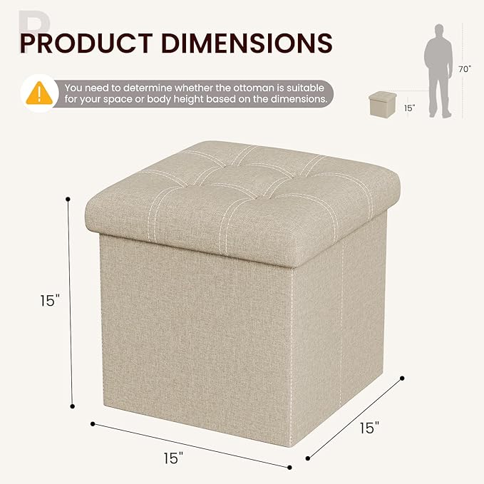 YOUDENOVA 15 inches Storage Ottoman Cube, Foldable Storage Boxes, Padded Seat for Dorm Living Room, Support 300lbs, Line Fabric Beige