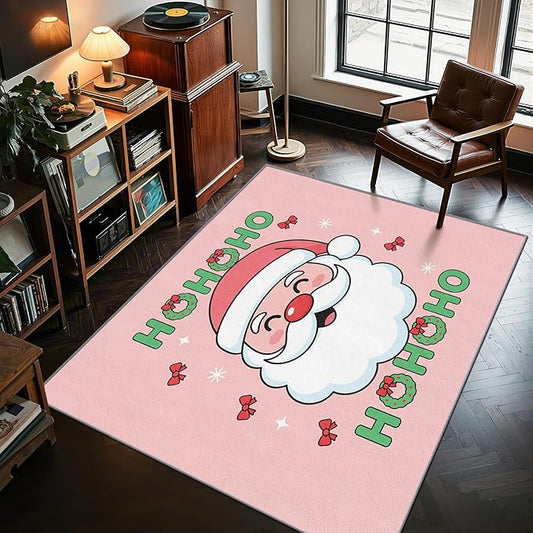 Santa Claus Rug - 5x6 Rug, Hohoho Living Room Rugs, Santa Claus Bedroom Rugs, Pink Christmas Carpet, Cartoon Xmas Kids Girls Boys Home Decor & Gifts