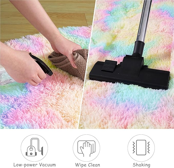 Round Fluffy Rugs 6Ft for Girls Bedroom, Rainbow Shag Circle Kids Rug Non-Slip for Bedside Dorm Nursery Playroom, Soft Cute Area Rugs for Living Room Decor
