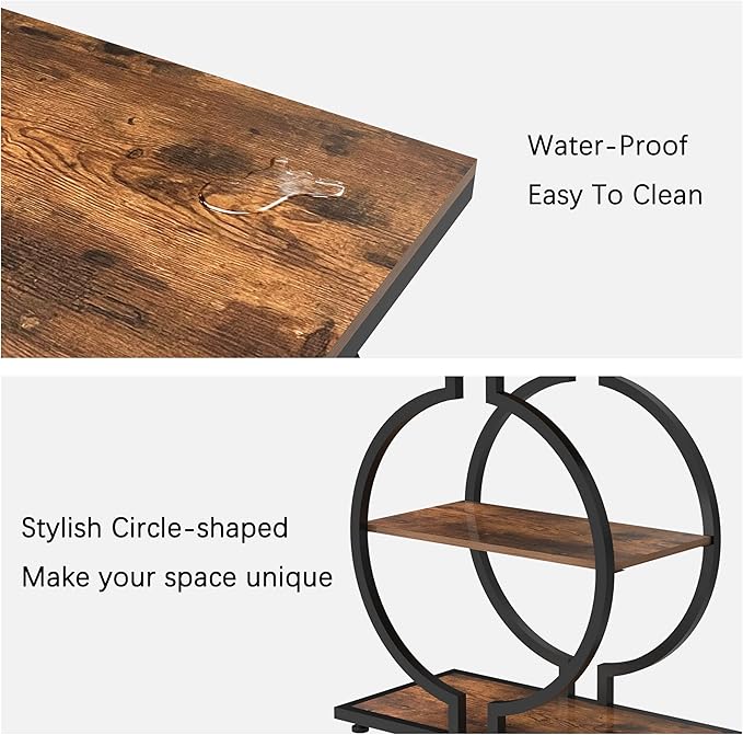 GiftGo Narrow End Table with O-Shaped Geometric Base Vintage Industrial Sofa Chair Side Table for Living Room Slim Nightstand for Bedroom Stylish Beside Table with 3 Storage Shelves (1, Rustic Brown)