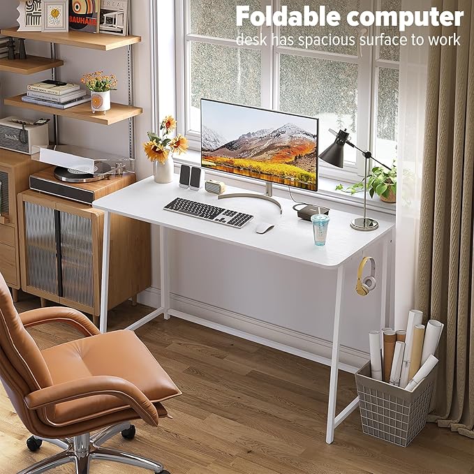 WOHOMO Folding Desk, 47.2" Foldable Computer Desk for Bedroom, Space Saving Computer Table Writing Workstation for Home Office, Easy Assembly, White