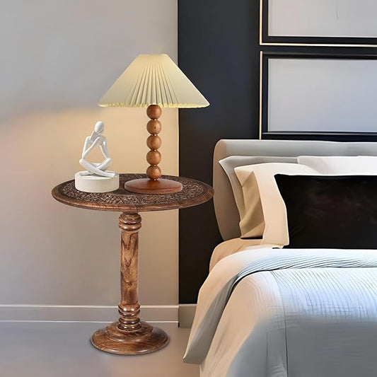 Goroly Home Hand Carved Wooden Pillar Table Pillar, Small End Table Nightstand Bedside Table for Living Room, Magazines, Books & Plants - 18x22 Inch - Antique Burnt