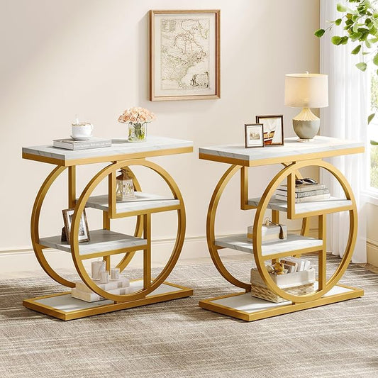 Tribesigns End Table Set of 2, Narrow Faux Marble Side Table with Storage Shelves, 4-Tier Modern Skinny Sofa Side Table with Geometric Metal Frame for Bedroom, Living Room, White & Gold