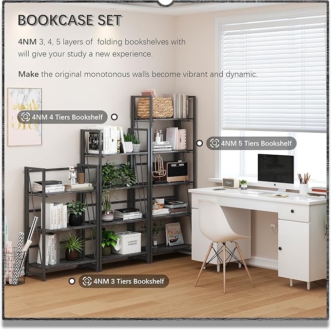 4NM No Assembly Folding Bookshelf, 5-Shelf 62.2" H Collapsible Foldable Bookcase Storage for Small Spaces, Gray and Black