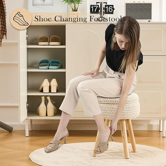 Round Foot Stool Ottoman with Storage Footrest with Wood Legs Cotton Knitted Vanity Stool Tray Top Coffee Table Multifunctional Upholstered Footstool for Living Room Bedroom White