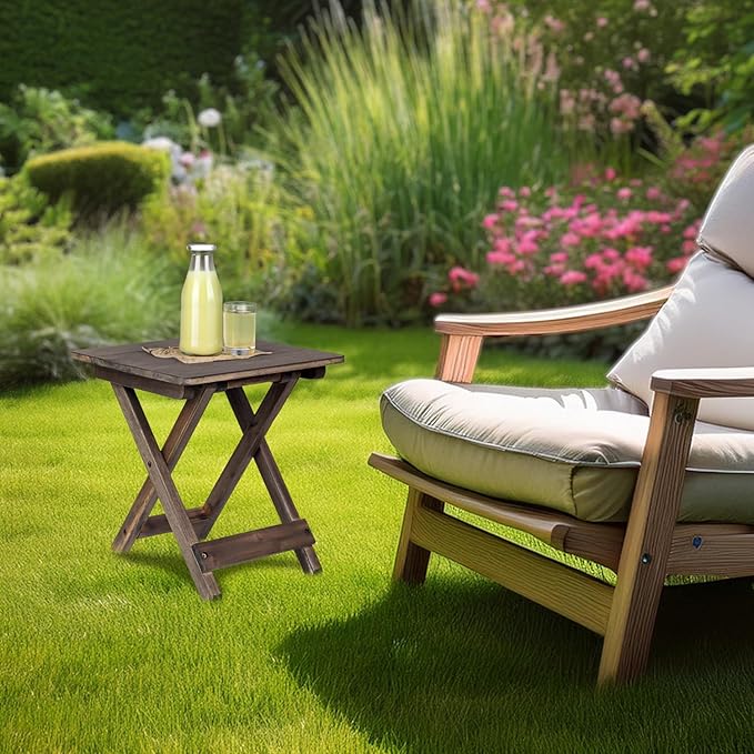 Small Patio Table, Folding Side Table, Accent Table, Wooden Top for Living Room, Bedroom (Square - Walnut - Set 2)