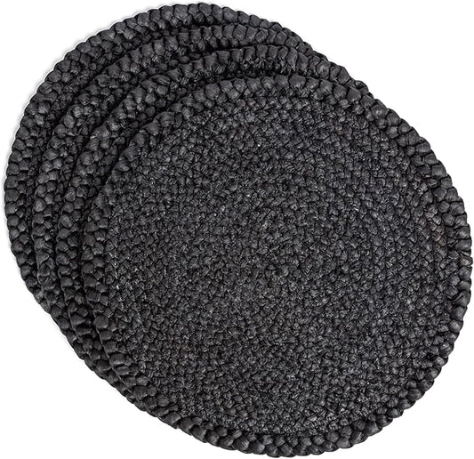 Over&Back Set of 4 Natural Round Woven Placemats - Dining Table Mat - Made with Natural Fibers - Kitchen and Home Decor - Black