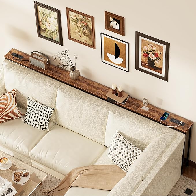 SUPERJARE 102.4 Inch Sofa Table with Power Outlets and USB-C Ports, 5.9 Inch Narrow Console Tables, Entryway Hallway Couch Tables with Storage, Behind Sofa, Small Spaces, Living Room, Rusitc Brown