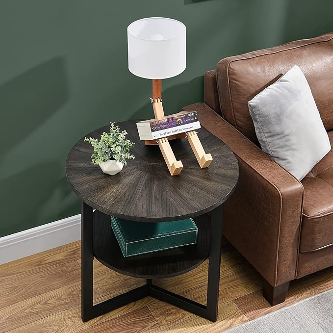 Round End Table with Storage Shelf, 25in Circel Accent Side Table with Metal Legs, 2-Tier Industrial Sofa Side Table for Living Room Bedroom, Black Brown