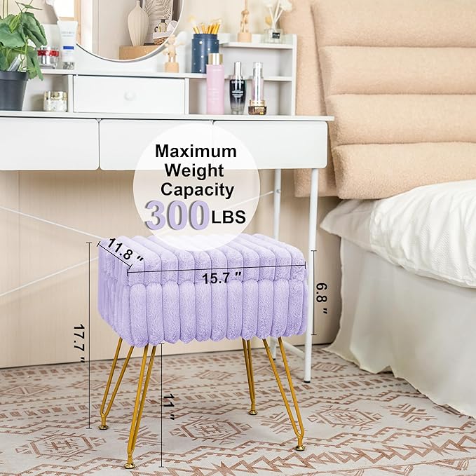 Faux Fur Vanity Stool Chair with Storage Ottoman, Vanity Chair for Makeup Room, Vanity Stools for Bedroom, Footrest with Metal Legs and as a Coffee Table, Purple