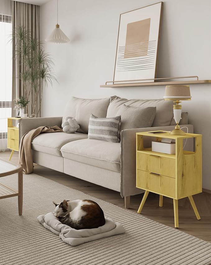 Nightstand with Charging Station and LED Lights,Modern Bedside Table with 2 Storage Drawer and Open Wood Shelf, for Bedroom and Small Spaces,Night Stand with Solid Wood Legs (Yellow Oak)